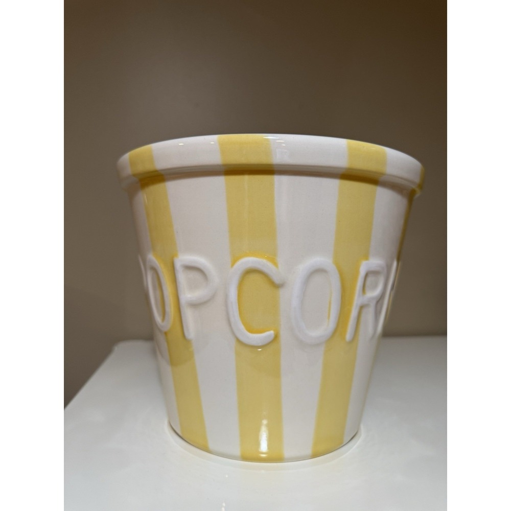 Handcrafted In Portugal  Ceramic Popcorn Bowl Yellow Stripe Large, 7.25"x9" New